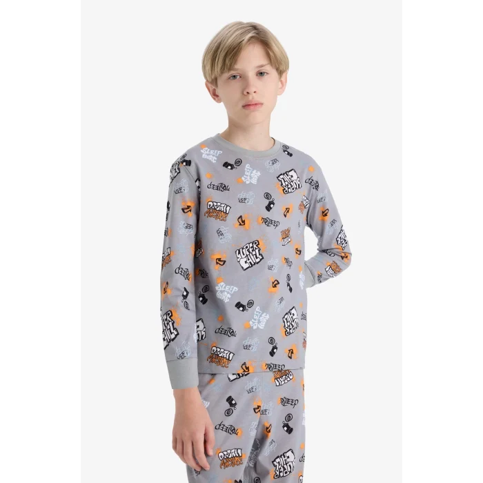 Defacto F1892A8GR265 Gri Erkek Çocuk Pijama Takımı Desenli Uzun Kollu Üst Uzun Alt