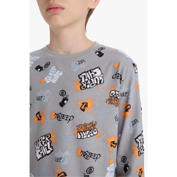 Defacto F1892A8GR265 Gri Erkek Çocuk Pijama Takımı Desenli Uzun Kollu Üst Uzun Alt