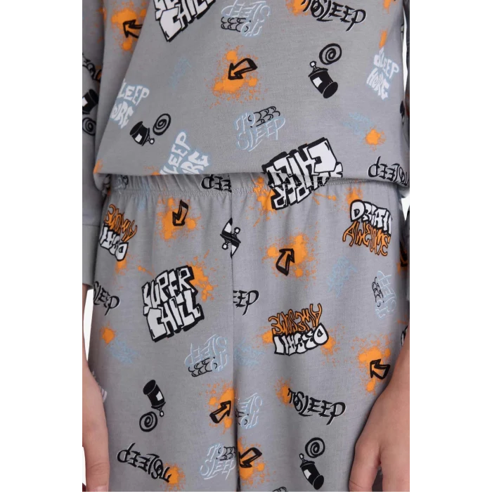 Defacto F1892A8GR265 Gri Erkek Çocuk Pijama Takımı Desenli Uzun Kollu Üst Uzun Alt