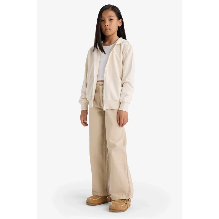 Defacto C8110A8ER105 Ekru Kız Çocuk Basic Düz Kapüşonlu Okul Fermuarlı Sweatshirt