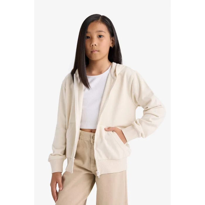 Defacto C8110A8ER105 Ekru Kız Çocuk Basic Düz Kapüşonlu Okul Fermuarlı Sweatshirt