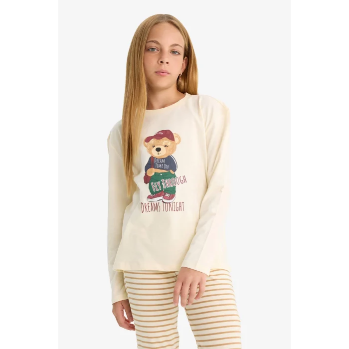 Defacto F1085A8ER134 Ekru Kız Çocuk Pijama Takımı Baskılı Uzun Kollu Üst Çizgili Uzun Alt