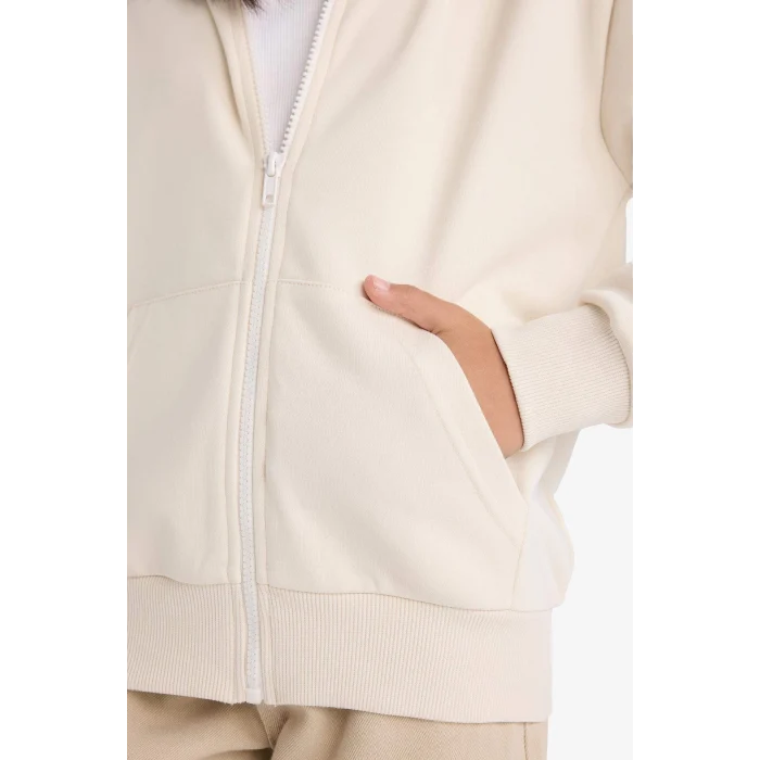 Defacto C8110A8ER105 Ekru Kız Çocuk Basic Düz Kapüşonlu Okul Fermuarlı Sweatshirt