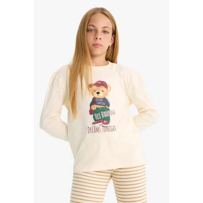 Defacto F1085A8ER134 Ekru Kız Çocuk Pijama Takımı Baskılı Uzun Kollu Üst Çizgili Uzun Alt