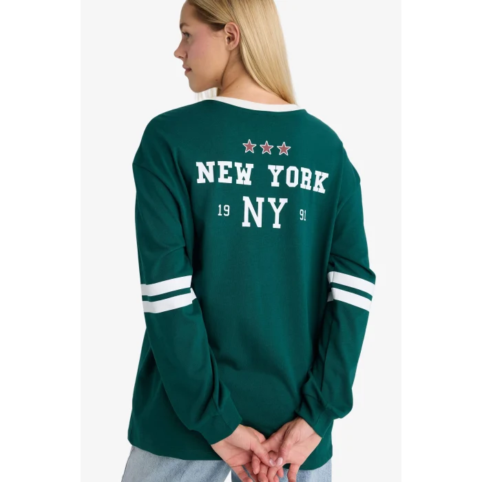 Defacto F8913AXGN516 Yeşil Loose Fit Bisiklet Yaka Sırt Baskılı Sweatshirt