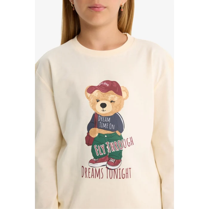 Defacto F1085A8ER134 Ekru Kız Çocuk Pijama Takımı Baskılı Uzun Kollu Üst Çizgili Uzun Alt