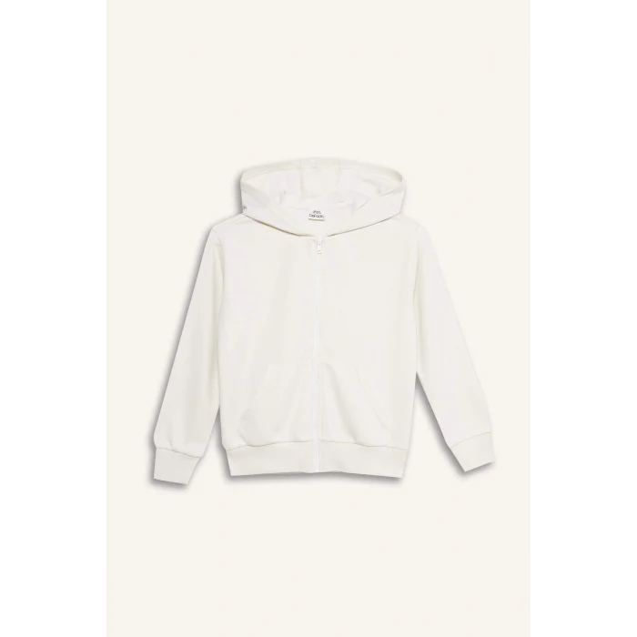 Defacto C8110A8ER105 Ekru Kız Çocuk Basic Düz Kapüşonlu Okul Fermuarlı Sweatshirt