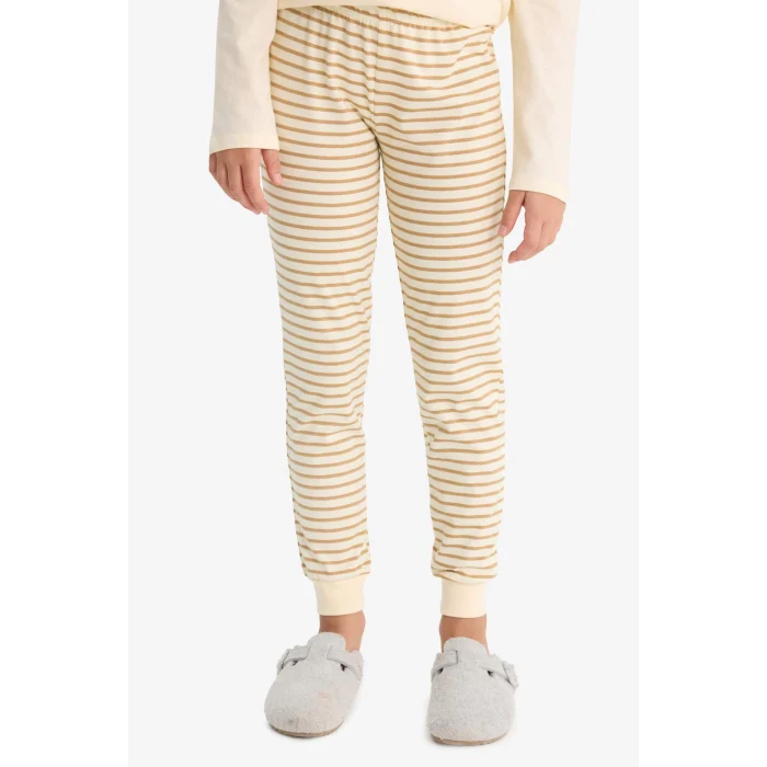 Defacto F1085A8ER134 Ekru Kız Çocuk Pijama Takımı Baskılı Uzun Kollu Üst Çizgili Uzun Alt