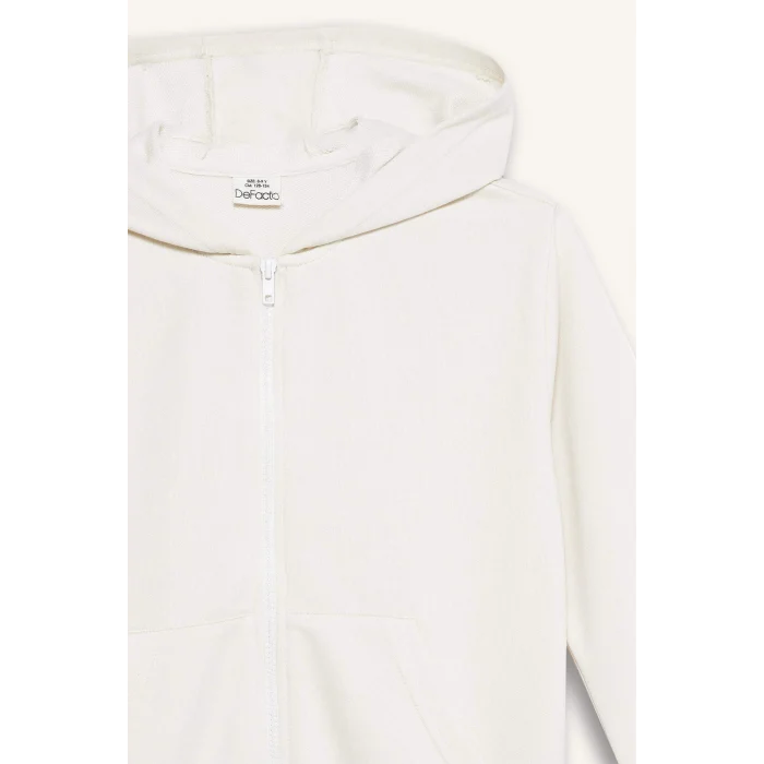 Defacto C8110A8ER105 Ekru Kız Çocuk Basic Düz Kapüşonlu Okul Fermuarlı Sweatshirt