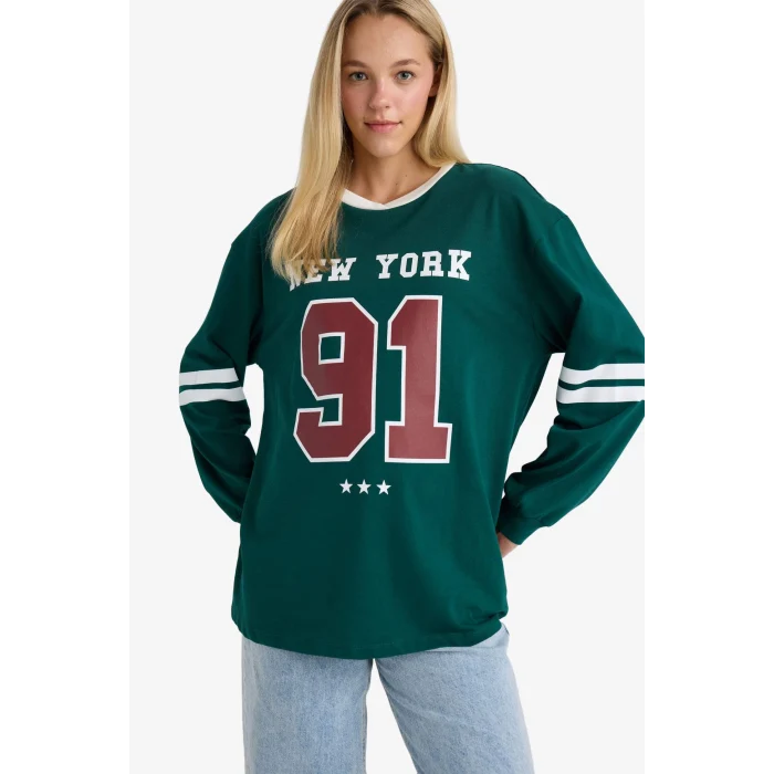 Defacto F8913AXGN516 Yeşil Loose Fit Bisiklet Yaka Sırt Baskılı Sweatshirt