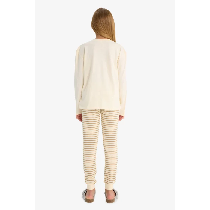Defacto F1085A8ER134 Ekru Kız Çocuk Pijama Takımı Baskılı Uzun Kollu Üst Çizgili Uzun Alt