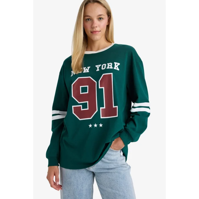 Defacto F8913AXGN516 Yeşil Loose Fit Bisiklet Yaka Sırt Baskılı Sweatshirt