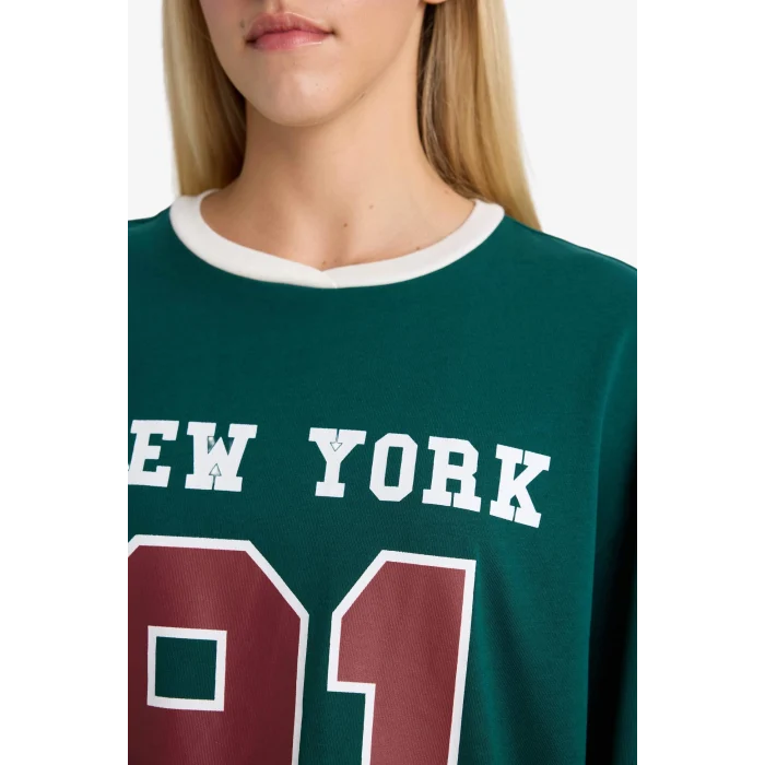 Defacto F8913AXGN516 Yeşil Loose Fit Bisiklet Yaka Sırt Baskılı Sweatshirt