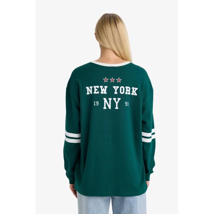 Defacto F8913AXGN516 Yeşil Loose Fit Bisiklet Yaka Sırt Baskılı Sweatshirt