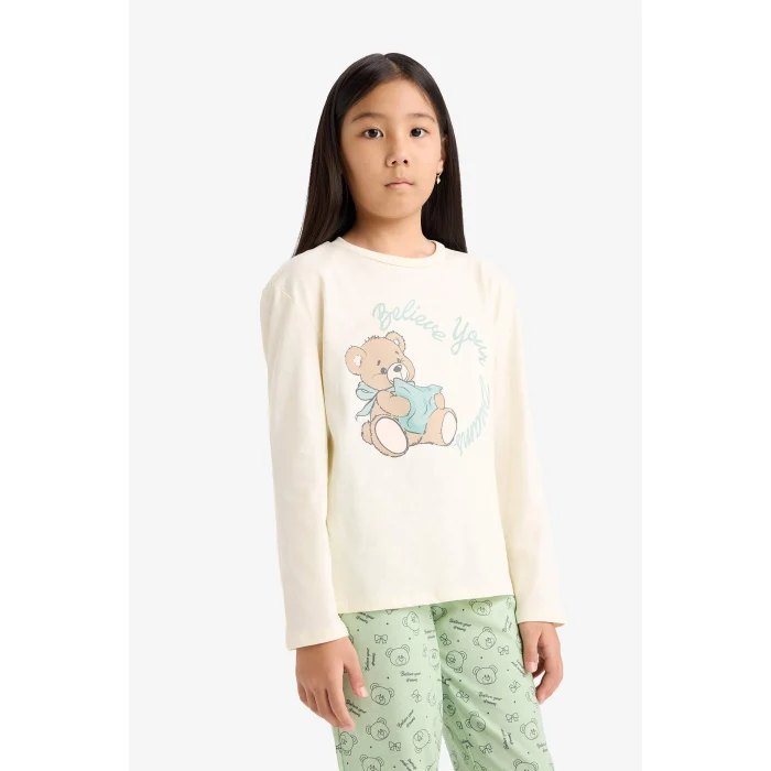 Defacto F6219 Ekru Kız Çocuk Regular Fit 2li Pijama Takımı Baskılı Uzun Kollu Üst Desenli Uzun Alt