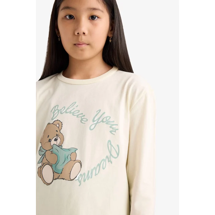 Defacto F6219 Ekru Kız Çocuk Regular Fit 2li Pijama Takımı Baskılı Uzun Kollu Üst Desenli Uzun Alt