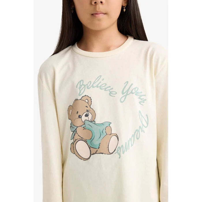 Defacto F6219 Ekru Kız Çocuk Regular Fit 2li Pijama Takımı Baskılı Uzun Kollu Üst Desenli Uzun Alt