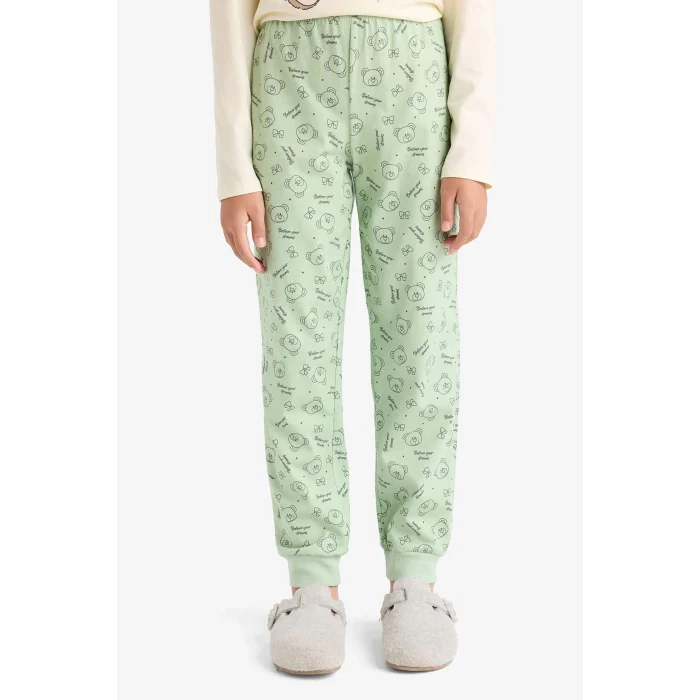 Defacto F6219 Ekru Kız Çocuk Regular Fit 2li Pijama Takımı Baskılı Uzun Kollu Üst Desenli Uzun Alt