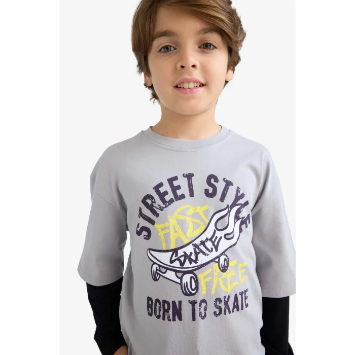 Defacto E9590A8GR160 Gri Erkek Çocuk Oversize Geniş Kalıp Bisiklet Yaka Baskılı Uzun Kollu Tişört