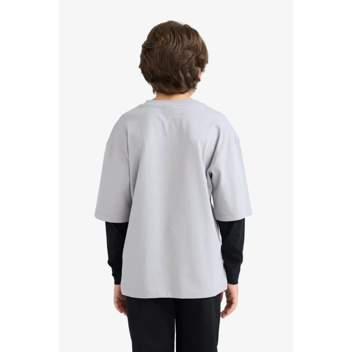 Defacto E9590A8GR160 Gri Erkek Çocuk Oversize Geniş Kalıp Bisiklet Yaka Baskılı Uzun Kollu Tişört