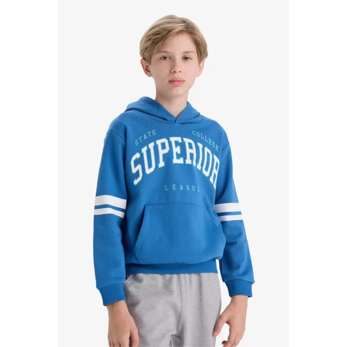 Defacto D3565A8BE389 Mavi Erkek Çocuk 2li Takım Baskılı Kapüşonlu Sweatshirt Eşofman Altı