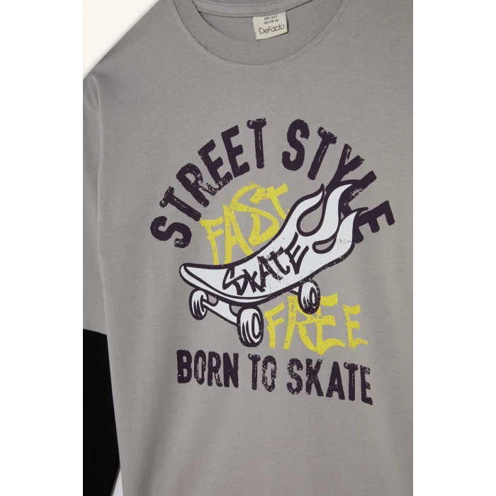 Defacto E9590A8GR160 Gri Erkek Çocuk Oversize Geniş Kalıp Bisiklet Yaka Baskılı Uzun Kollu Tişört