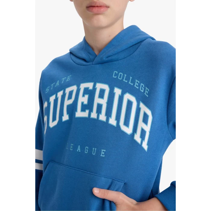 Defacto D3565A8BE389 Mavi Erkek Çocuk 2li Takım Baskılı Kapüşonlu Sweatshirt Eşofman Altı