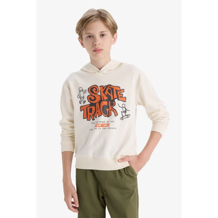 Defacto F2844A8ER98 Ekru Erkek Çocuk Kapüşonlu Baskılı Sweatshirt