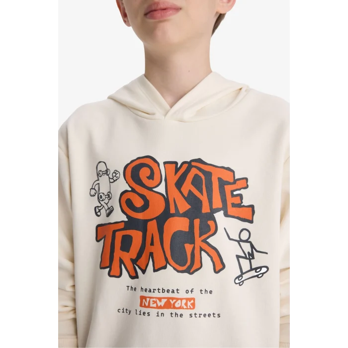 Defacto F2844A8ER98 Ekru Erkek Çocuk Kapüşonlu Baskılı Sweatshirt