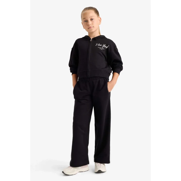 Defacto E6417A8BK81 Siyah Kız Çocuk 2li Takım Baskılı Kapüşonlu Sweatshirt Eşofman Altı