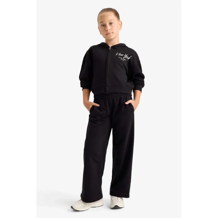 Defacto E6417A8BK81 Siyah Kız Çocuk 2li Takım Baskılı Kapüşonlu Sweatshirt Eşofman Altı