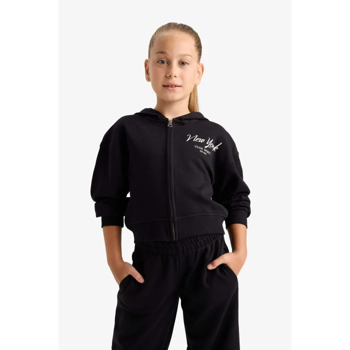 Defacto E6417A8BK81 Siyah Kız Çocuk 2li Takım Baskılı Kapüşonlu Sweatshirt Eşofman Altı