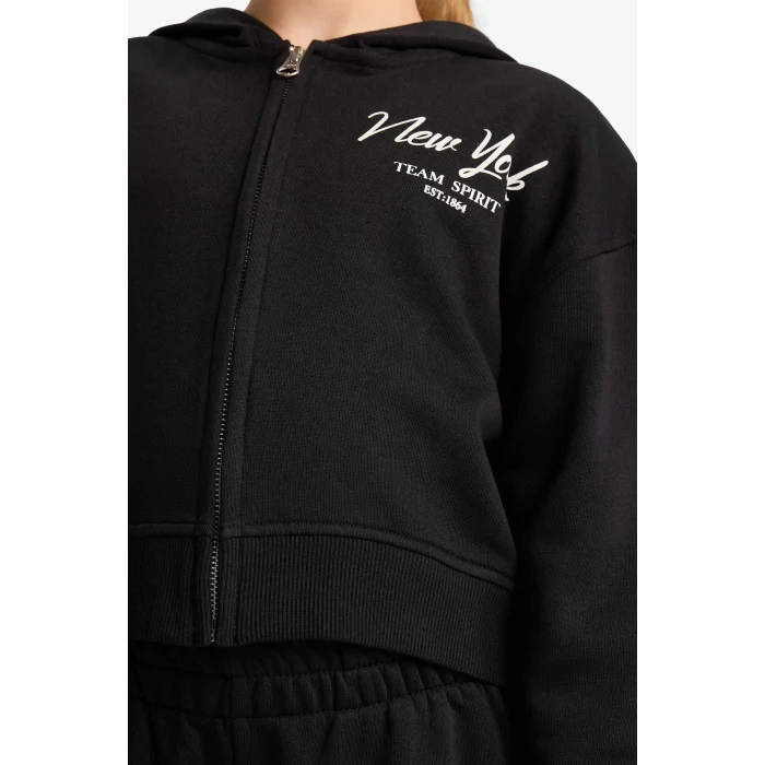 Defacto E6417A8BK81 Siyah Kız Çocuk 2li Takım Baskılı Kapüşonlu Sweatshirt Eşofman Altı