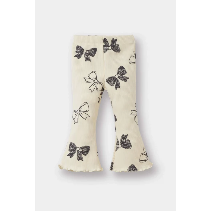 Defacto F0508A5ER99 Ekru Kız Bebek 2li Takım Fiyonk Desenli Sweatshirt İspanyol Paça Tayt