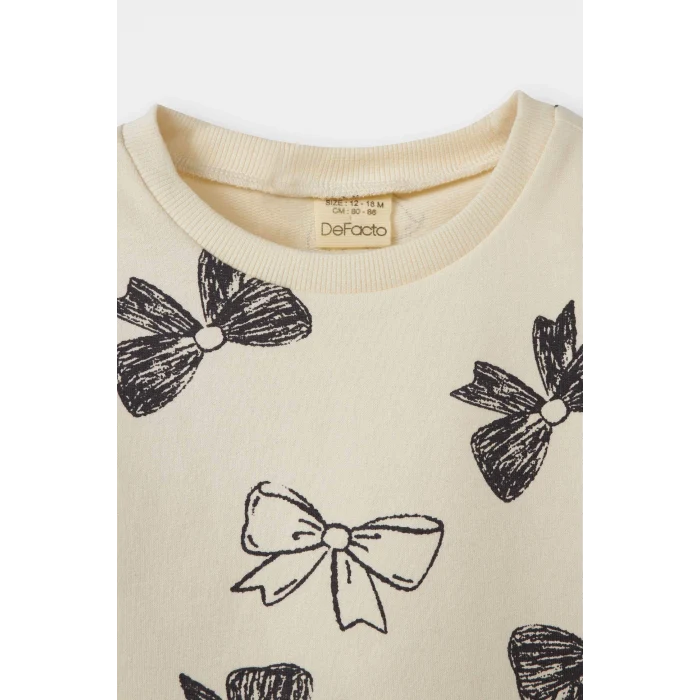 Defacto F0508A5ER99 Ekru Kız Bebek 2li Takım Fiyonk Desenli Sweatshirt İspanyol Paça Tayt