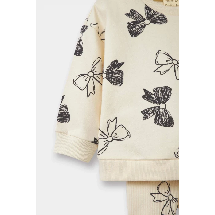 Defacto F0508A5ER99 Ekru Kız Bebek 2li Takım Fiyonk Desenli Sweatshirt İspanyol Paça Tayt