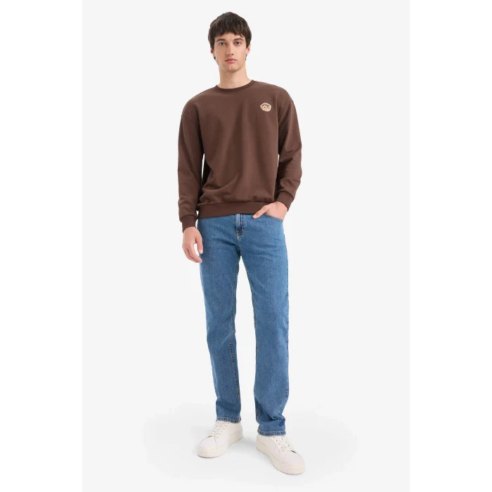Defacto E6433AXBN539 Kahve Boxy Fit Bisiklet Yaka Baskılı Sweatshirt