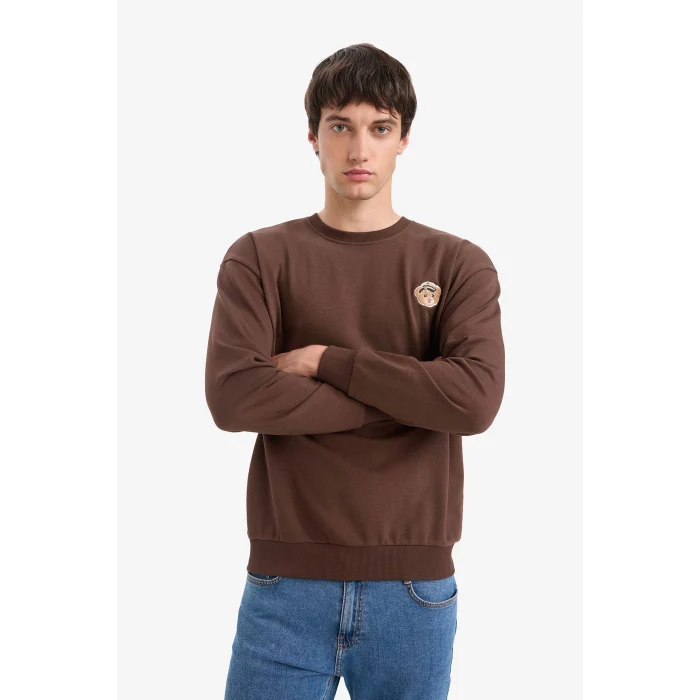 Defacto E6433AXBN539 Kahve Boxy Fit Bisiklet Yaka Baskılı Sweatshirt