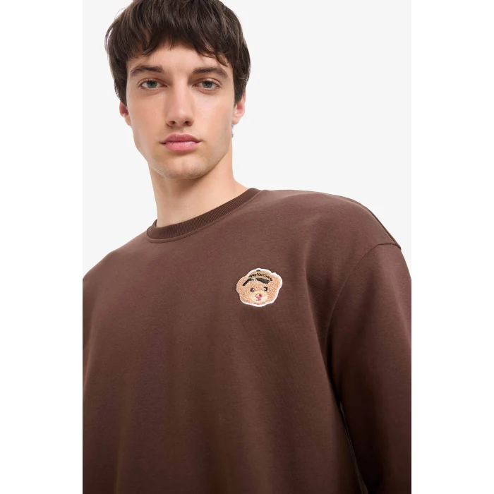 Defacto E6433AXBN539 Kahve Boxy Fit Bisiklet Yaka Baskılı Sweatshirt