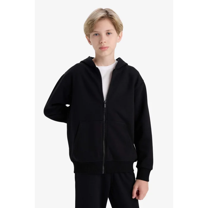 Defacto X7382A6BK81 Siyah 	Erkek Çocuk Kapüşonlu Basic Düz Okul Fermuarlı Sweatshirt