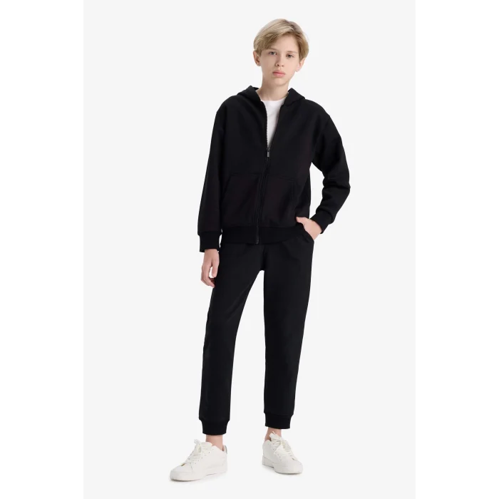 Defacto X7382A6BK81 Siyah 	Erkek Çocuk Kapüşonlu Basic Düz Okul Fermuarlı Sweatshirt