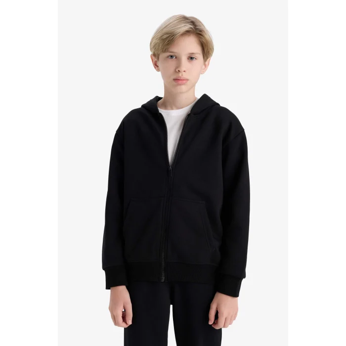 Defacto X7382A6BK81 Siyah 	Erkek Çocuk Kapüşonlu Basic Düz Okul Fermuarlı Sweatshirt