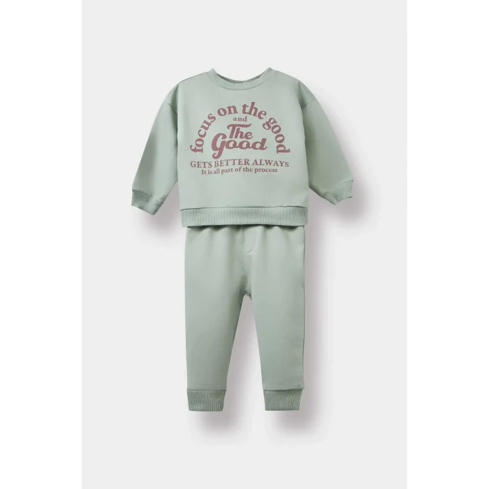 Defacto E9261A5KH434 Haki Erkek Bebek 2li Takım Baskılı Sweatshirt Beli Lastikli Eşofman Altı