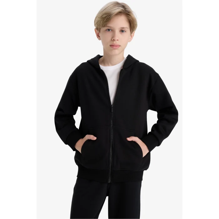 Defacto X7382A6BK81 Siyah 	Erkek Çocuk Kapüşonlu Basic Düz Okul Fermuarlı Sweatshirt