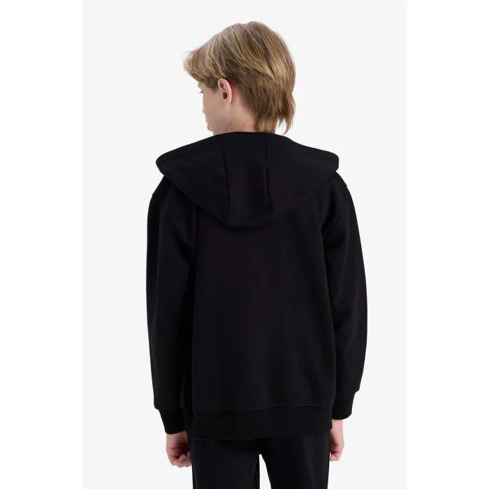 Defacto X7382A6BK81 Siyah 	Erkek Çocuk Kapüşonlu Basic Düz Okul Fermuarlı Sweatshirt