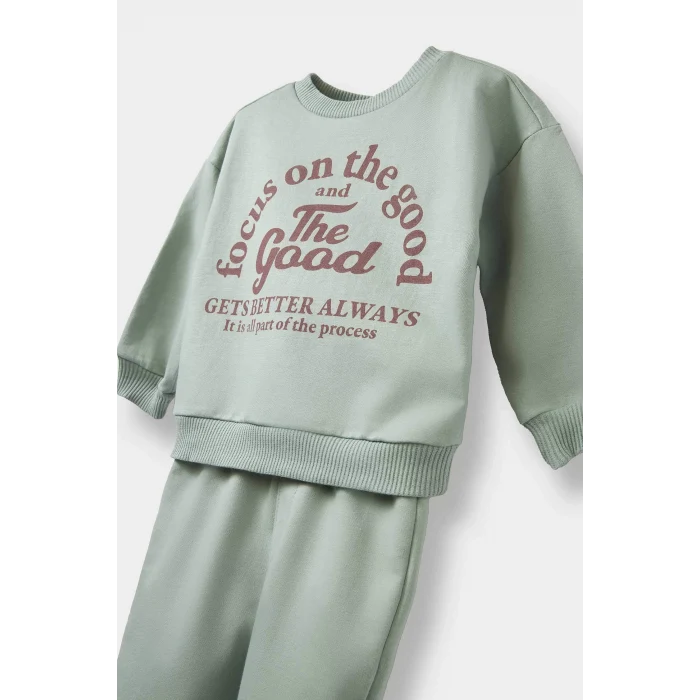 Defacto E9261A5KH434 Haki Erkek Bebek 2li Takım Baskılı Sweatshirt Beli Lastikli Eşofman Altı