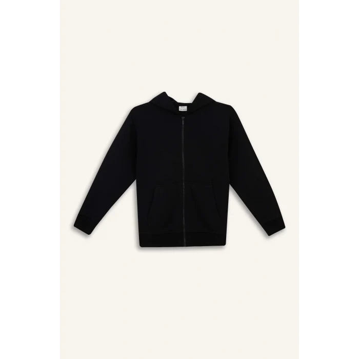 Defacto X7382A6BK81 Siyah 	Erkek Çocuk Kapüşonlu Basic Düz Okul Fermuarlı Sweatshirt