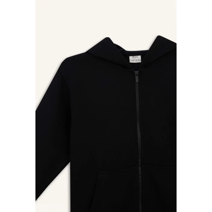 Defacto X7382A6BK81 Siyah 	Erkek Çocuk Kapüşonlu Basic Düz Okul Fermuarlı Sweatshirt
