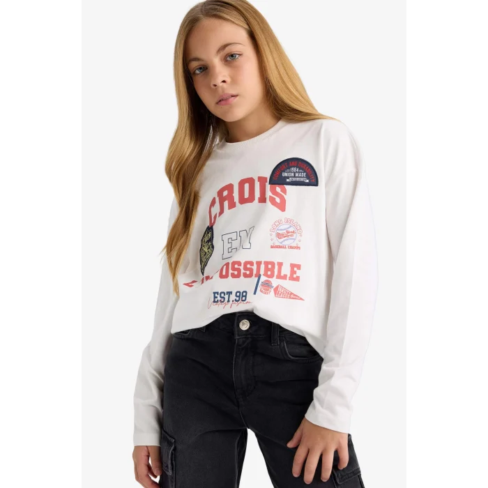 Defacto F7581A8ER105 Ekru Kız Çocuk Oversize Geniş Kalıp Bisiklet Yaka Baskılı Uzun Kollu Okul Tişörtü