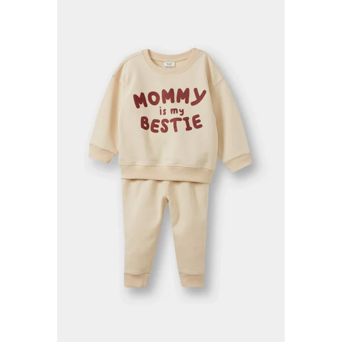 Defacto E8999A5ER42 Ekru Erkek Bebek 2li Takım Baskılı Sweatshirt Eşofman Altı
